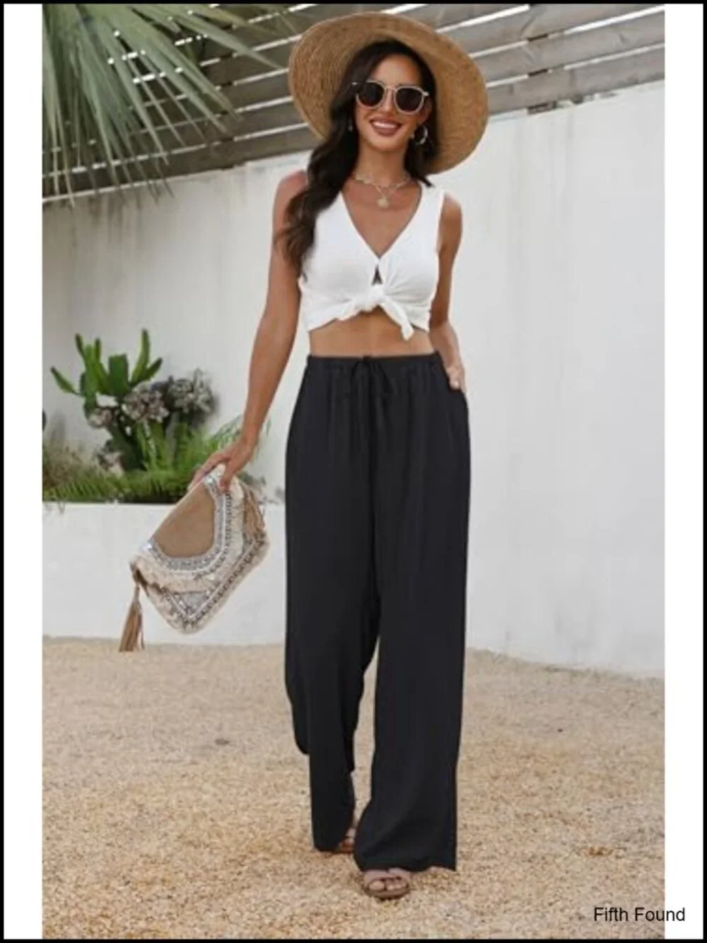 Wide Leg Pants Flowy Palazzo Drawstring Elastic Waist Trousers with Pockets